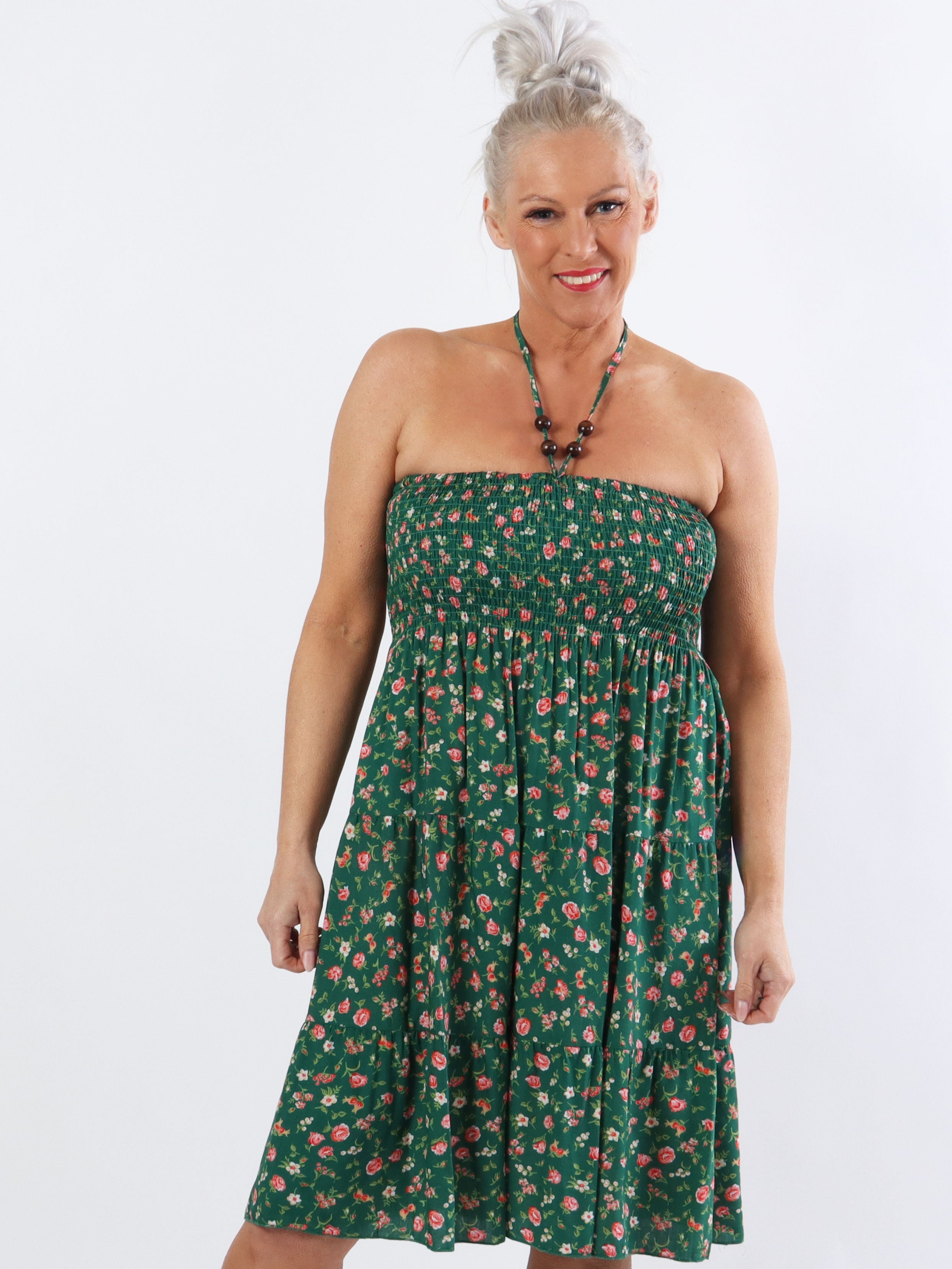 Aria Rose - Kort plus size kjole med smock og rose print